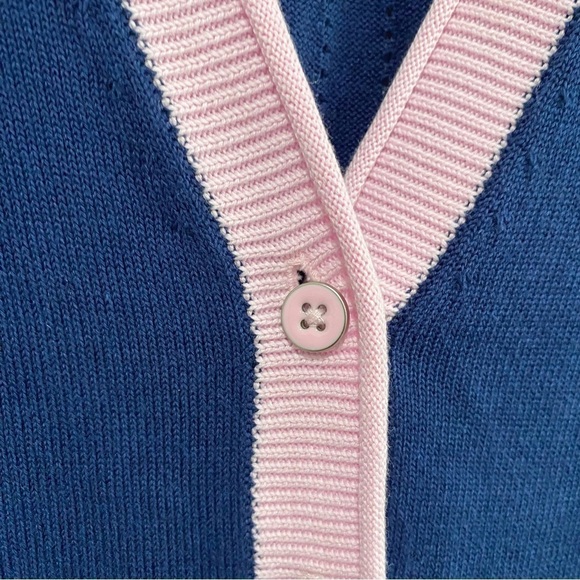 TALBOTS Girlfriend Cardigan Tipped Blue Pink Preppy Classic Size Small Petite - Picture 6 of 12